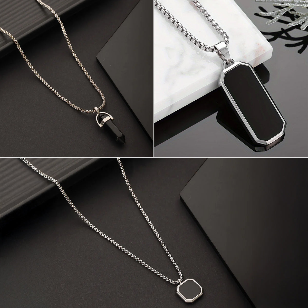 Jazz and Sizzle Three Combo Set of Silver-Plated Black Necklace For Men 3in1