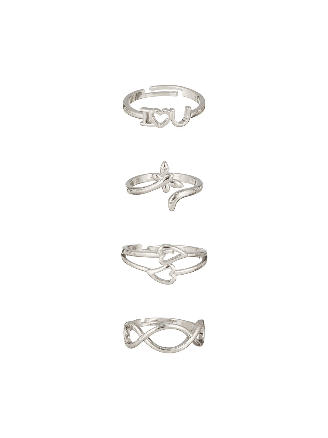Jazz and Sizzle Set Of 4 Silver Plated Adjustable Finger Ring