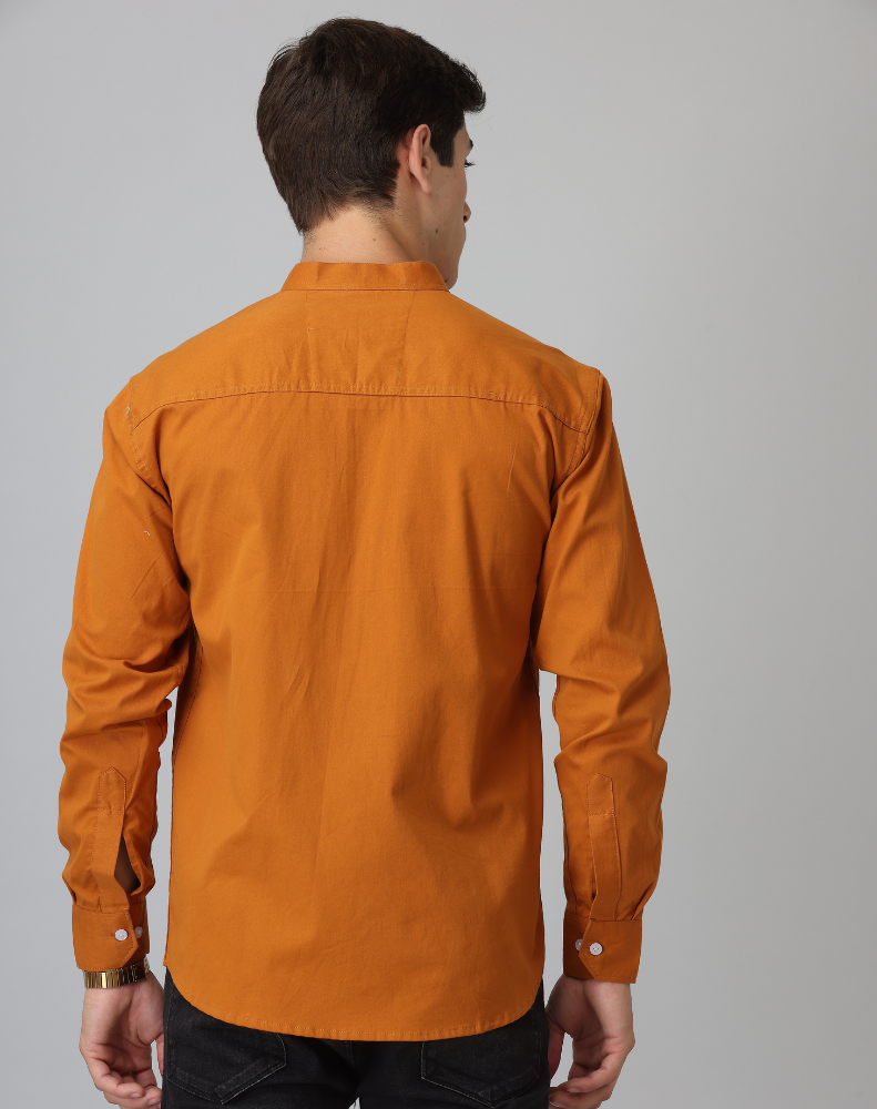 Chinese Collar Mustard Tailored Fit Cotton Casual Shirt for Man