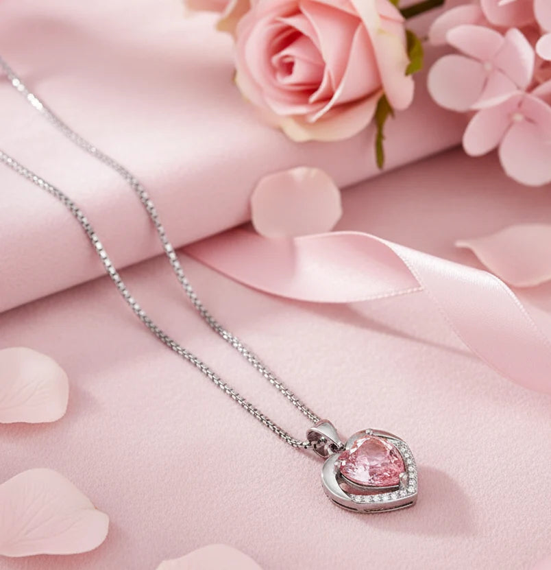 Jazz And Sizzle Pink Heart Stone Pendant with Silver Plated Chain for Gift