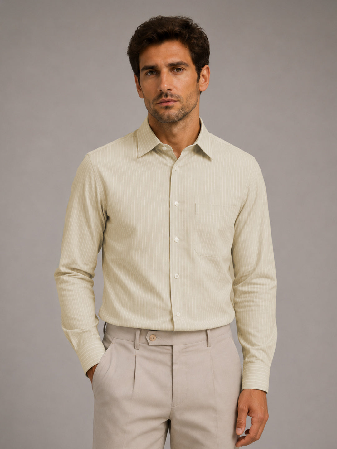 Cream Pinstripe Oxford Shirt For Men
