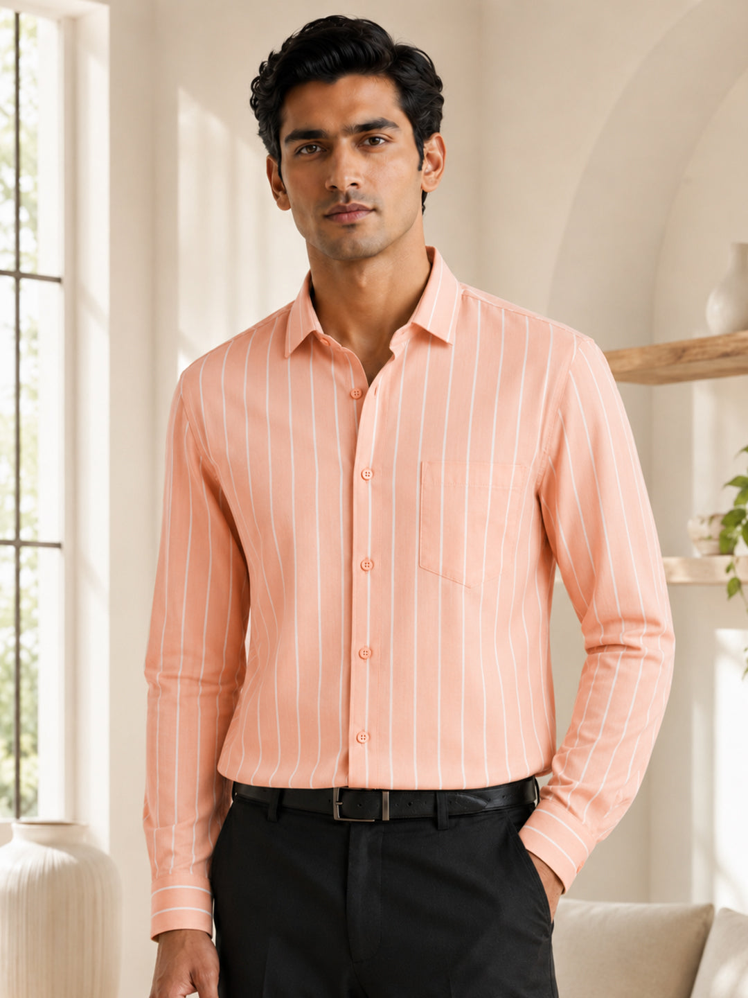 Soft Peach Pinstripe Oxford Shirt For Men