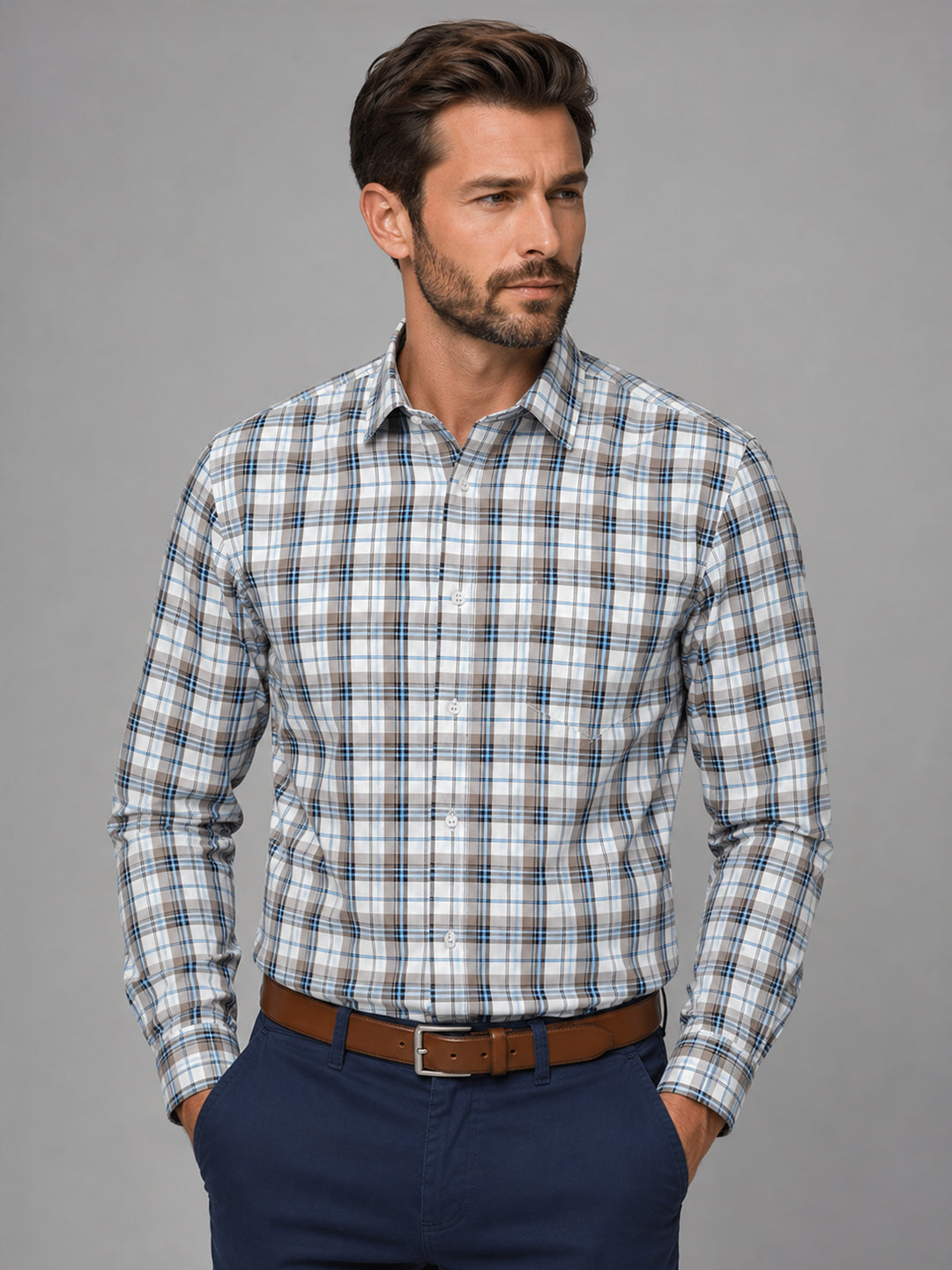Beige Tartan Check Cotton Shirt For Men