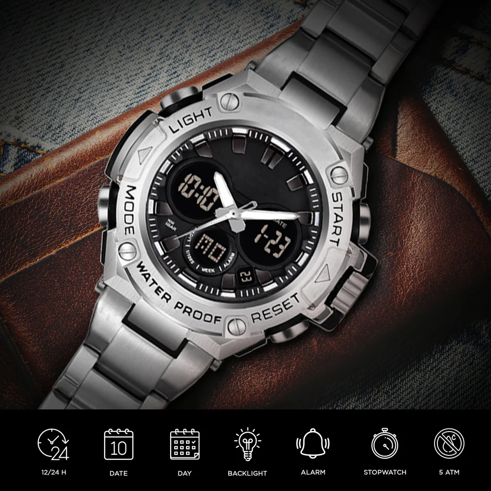 07 Steel Analog Digital Sports Watch