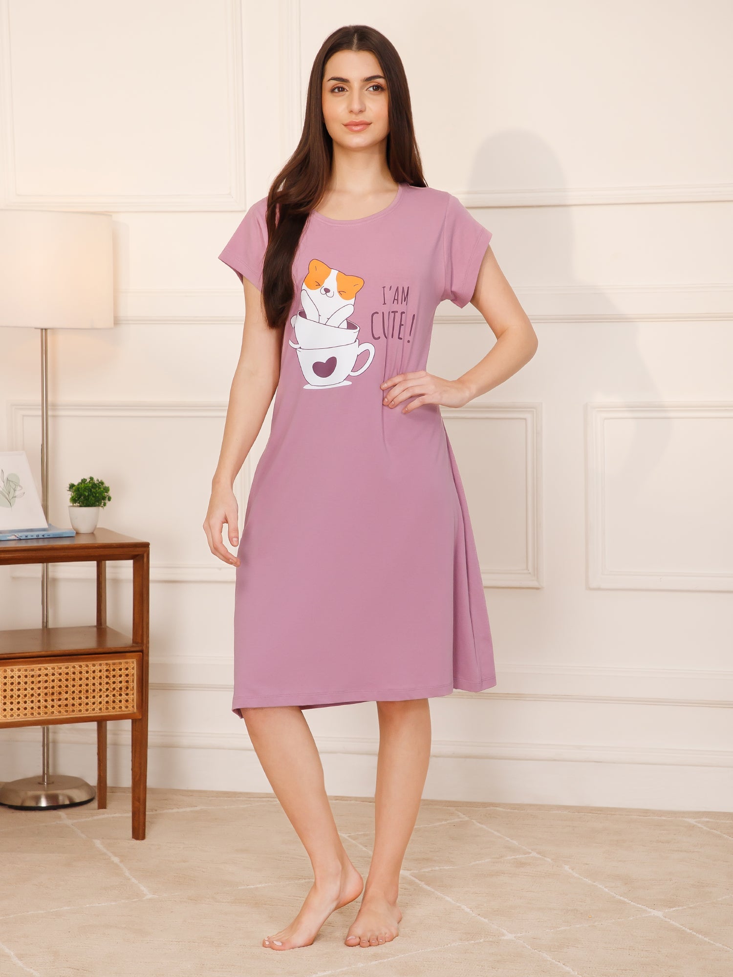 Cotton Chest Quote print Knee Length Night Dress (mm-3101-3)