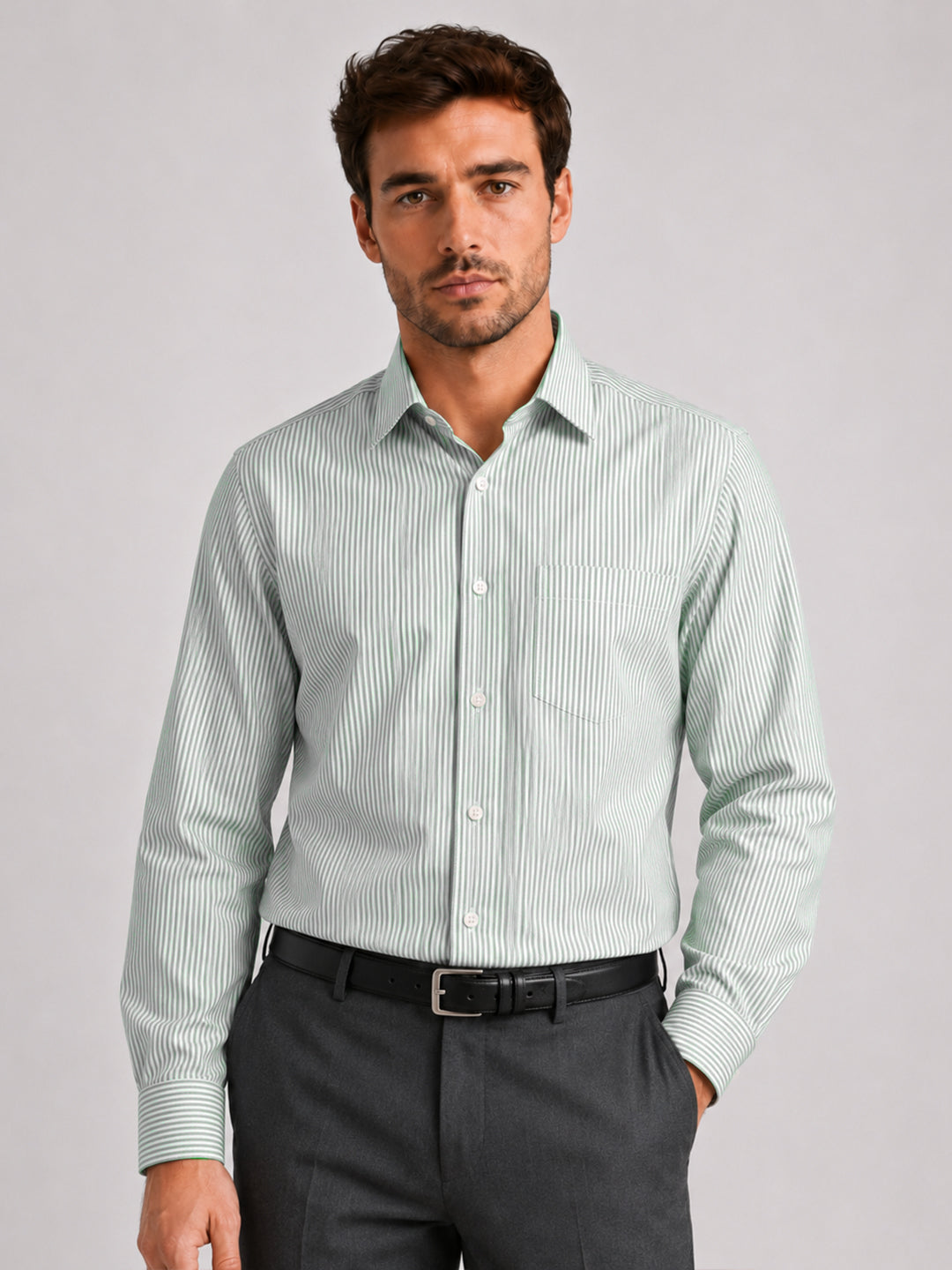 Dark Green Stripe Oxford Shirt For Men
