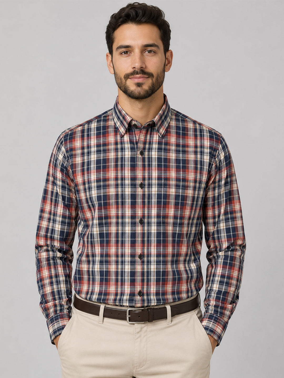Crimson & Navy Tartan Check Cotton Shirt For Men