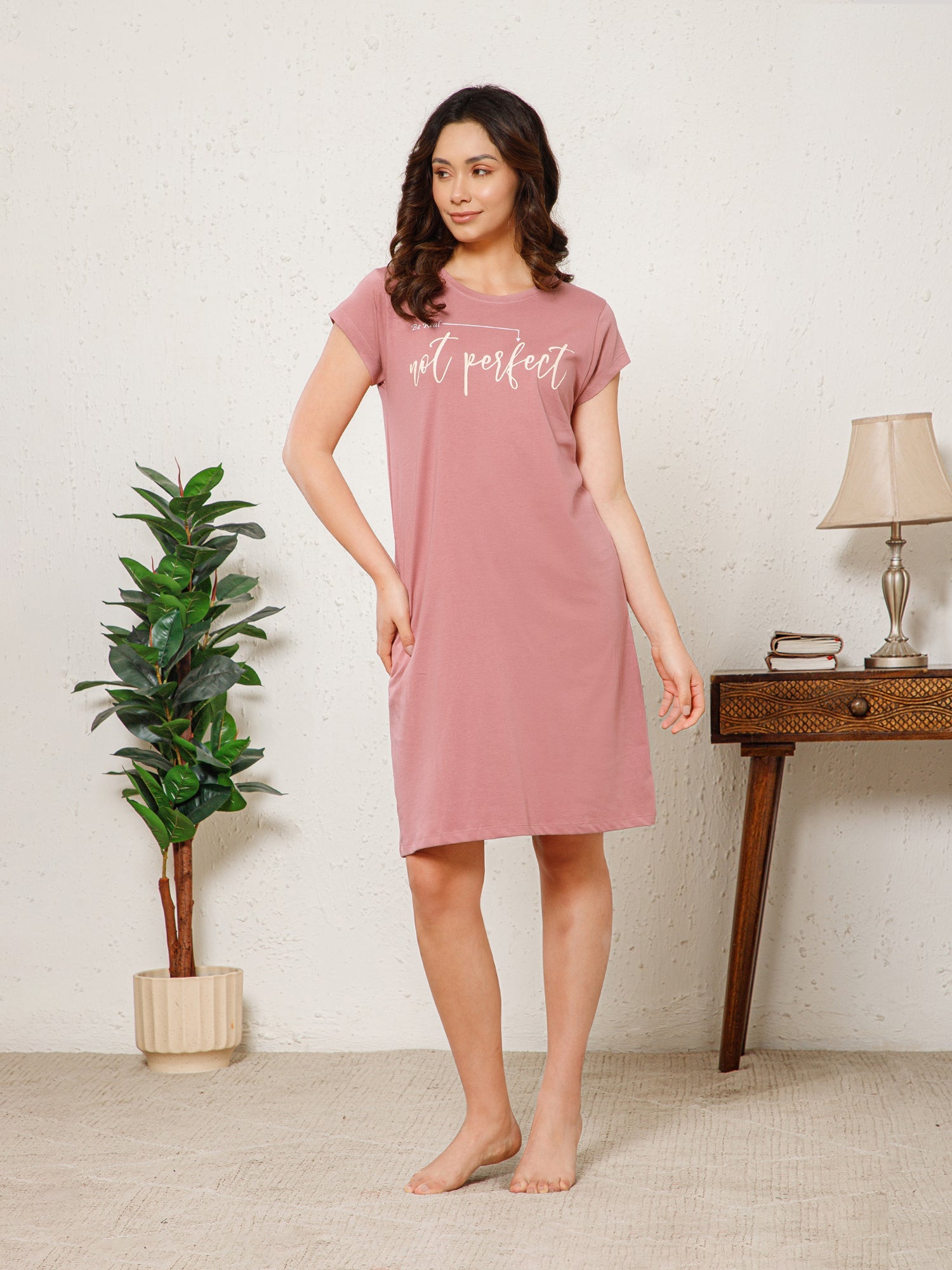 Cotton Chest Quote print Knee Length Night Dress (MM-3106-3)
