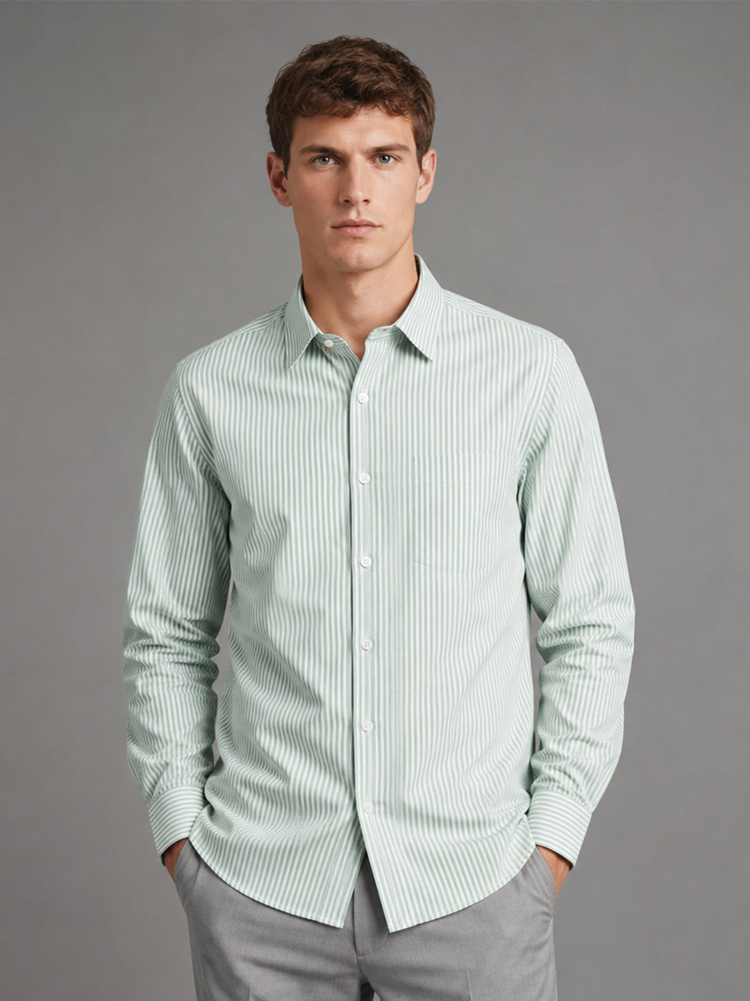 Light Green Stripe Oxford Shirt For Men
