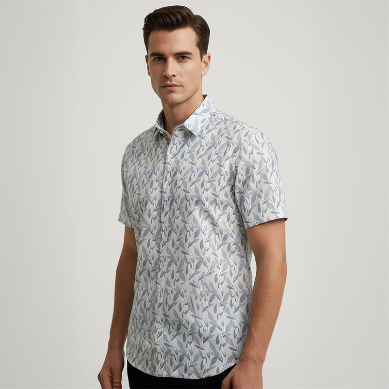 Slate Blue Leaf Printed Half Sleeve Shirt For men