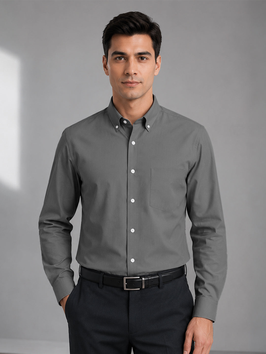 Dark Grey Satin Contrast Collar Shirt for Men