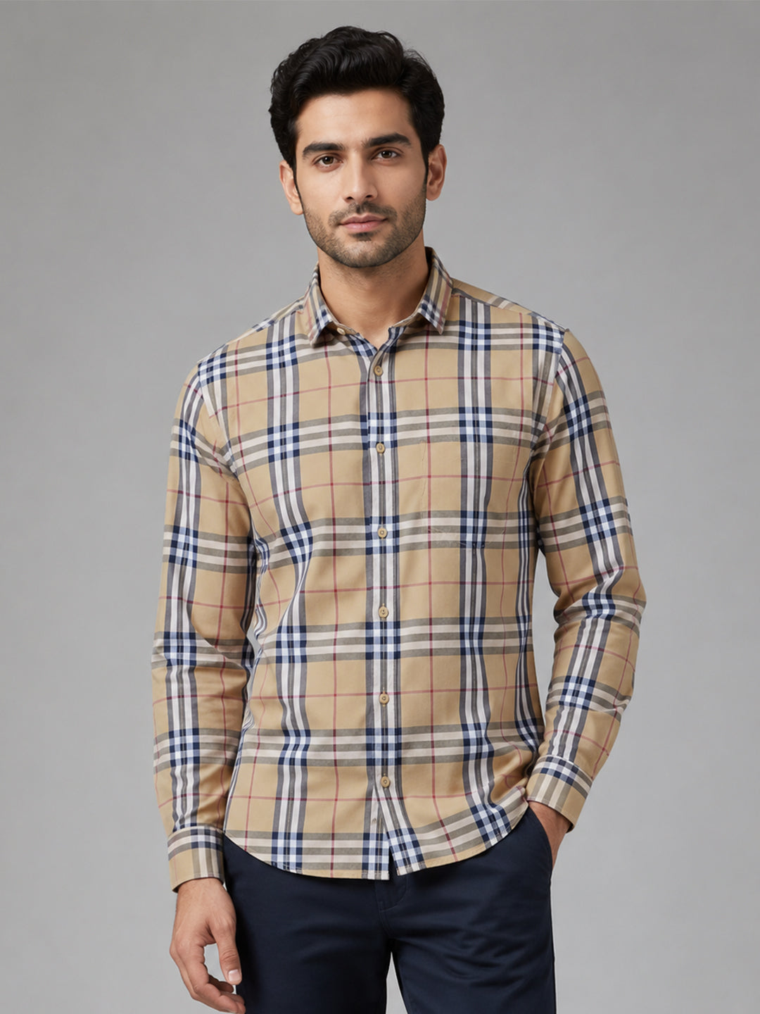 Mustard Tartan Check Cotton Shirt For Men