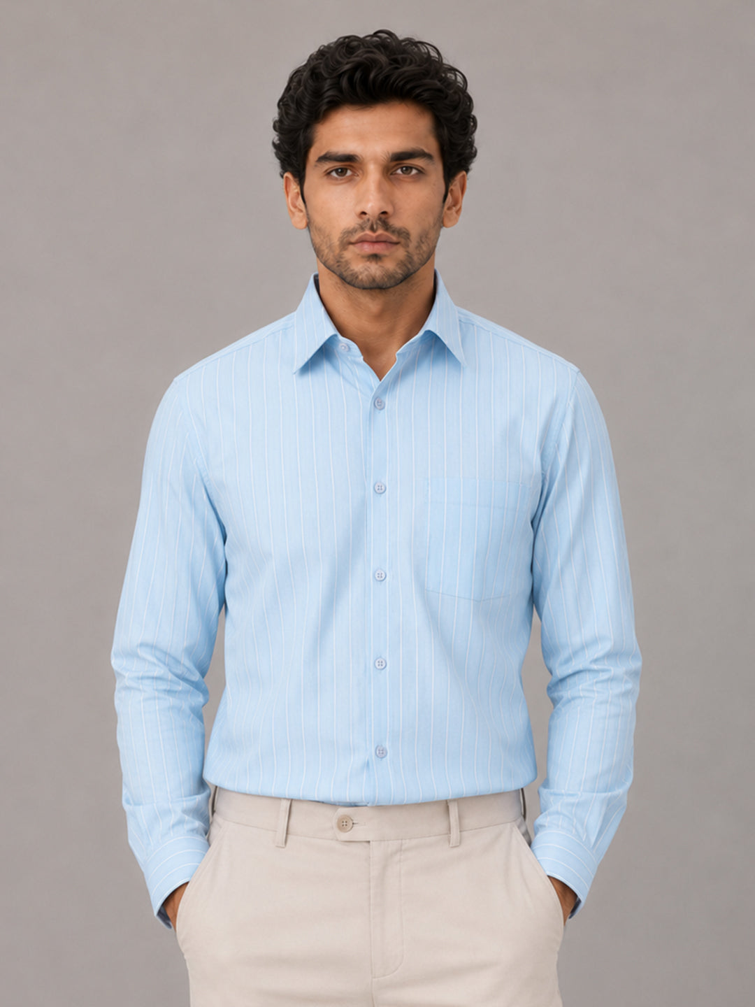 Sky Blue Pinstripe Oxford Shirt For Men