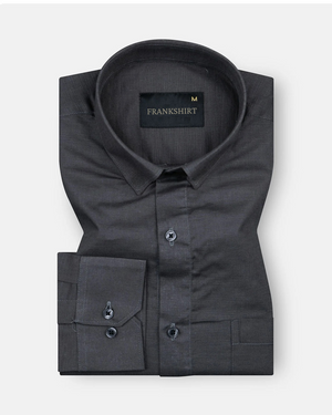 A black, long-sleeved, button-down men's linen shirt with a spread collar, displayed against a white background.