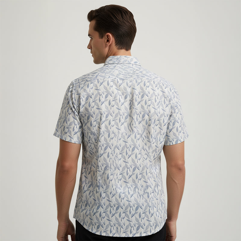 Slate Blue Leaf Printed Half Sleeve Shirt For men