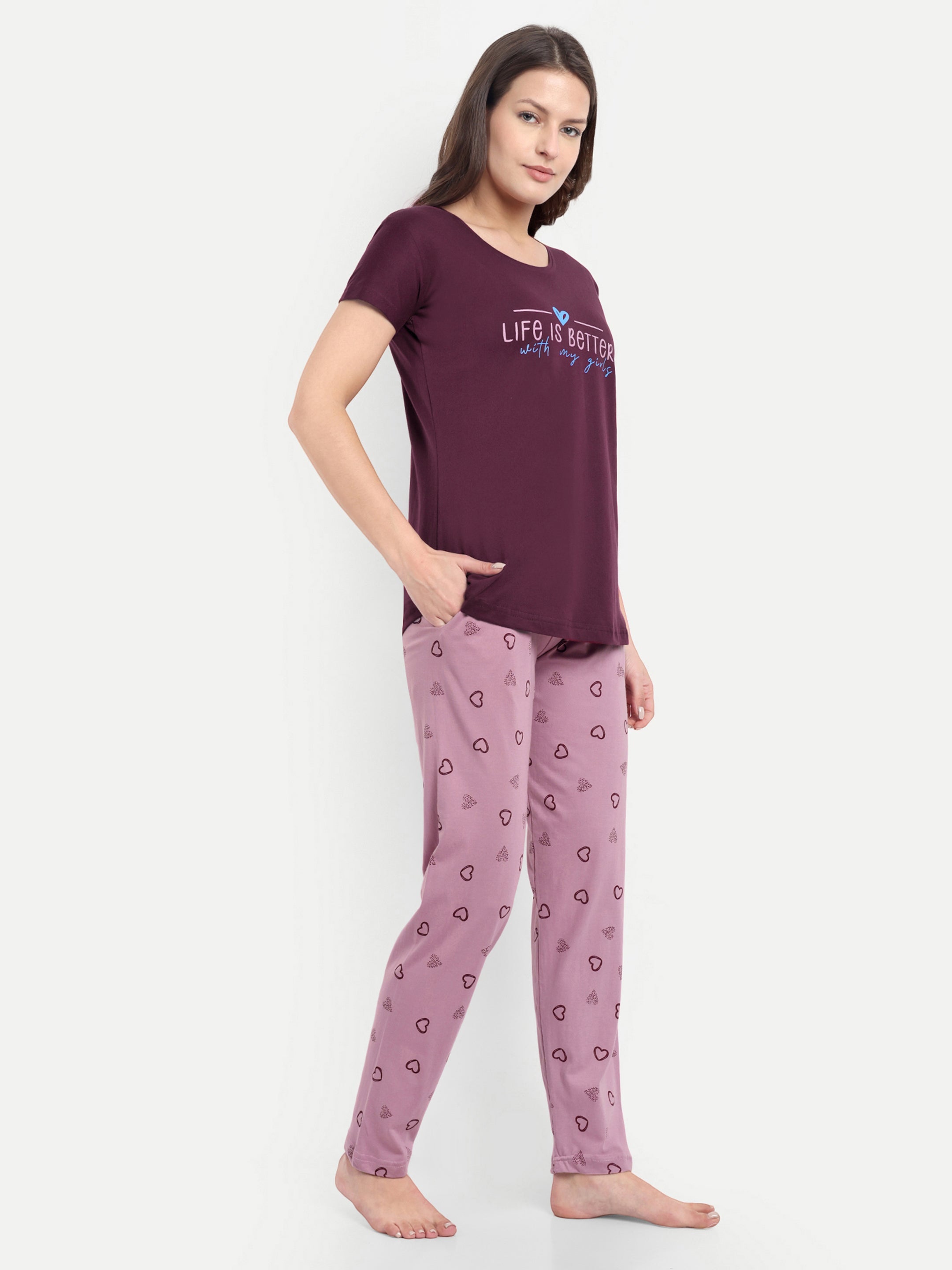 Women's Cotton Heart Printed Night Suit Set of T-shirt & Pyjama (15062b)