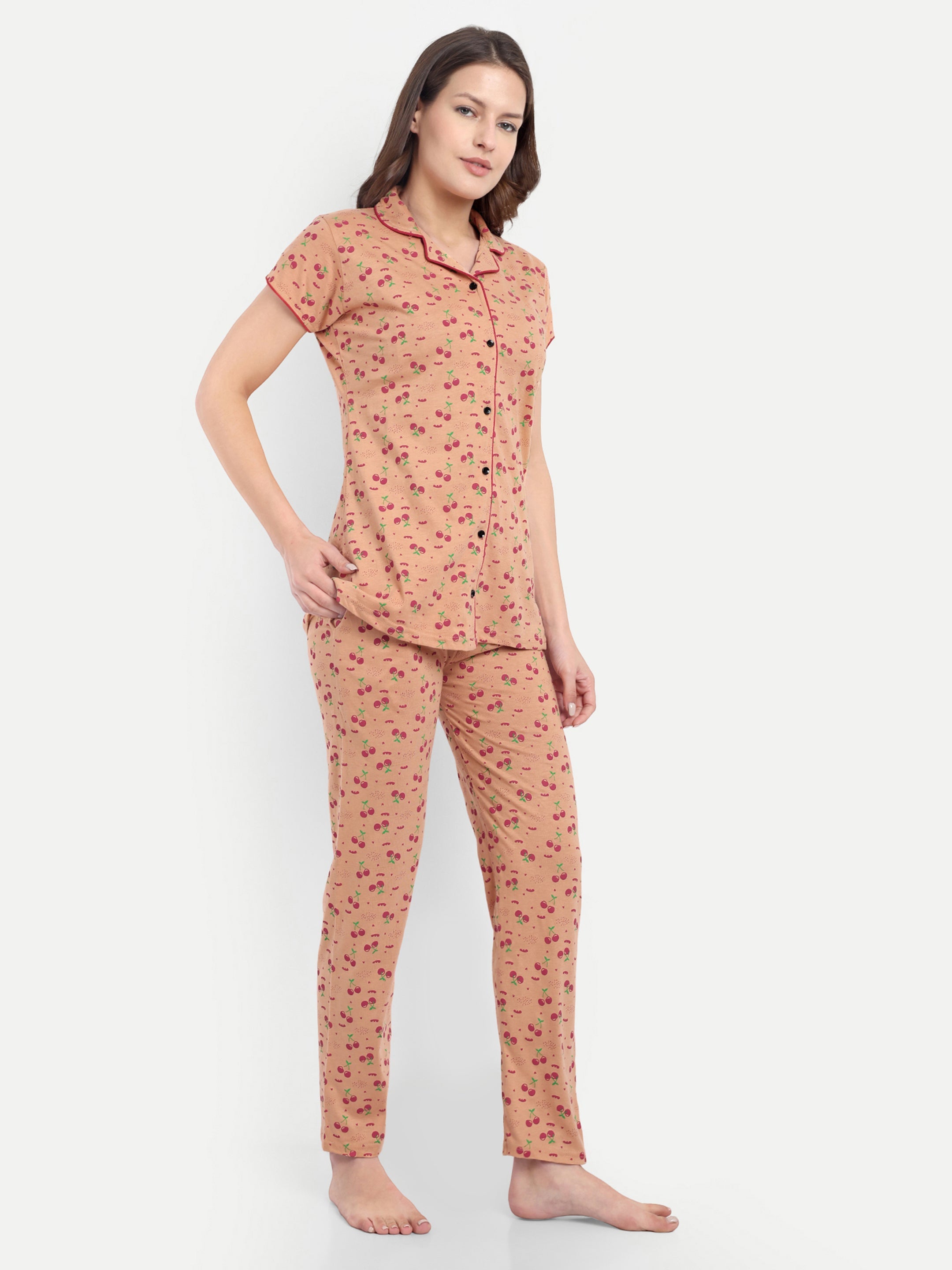 Women's Cotton Cherry Printed Night Suit Set of Shirt & Pyjama (876)