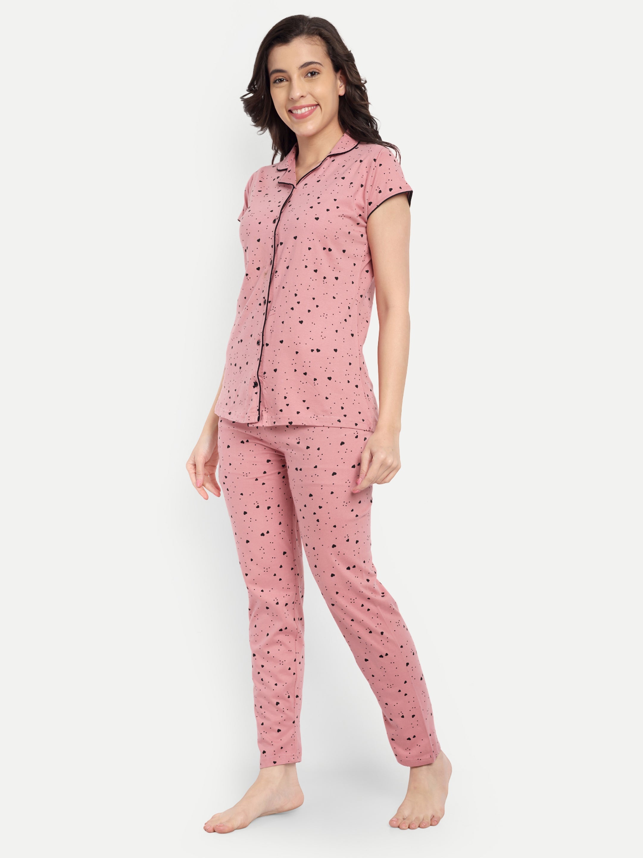 Women's Cotton Printed Night Suit Set of Shirt & Pyjama (841)