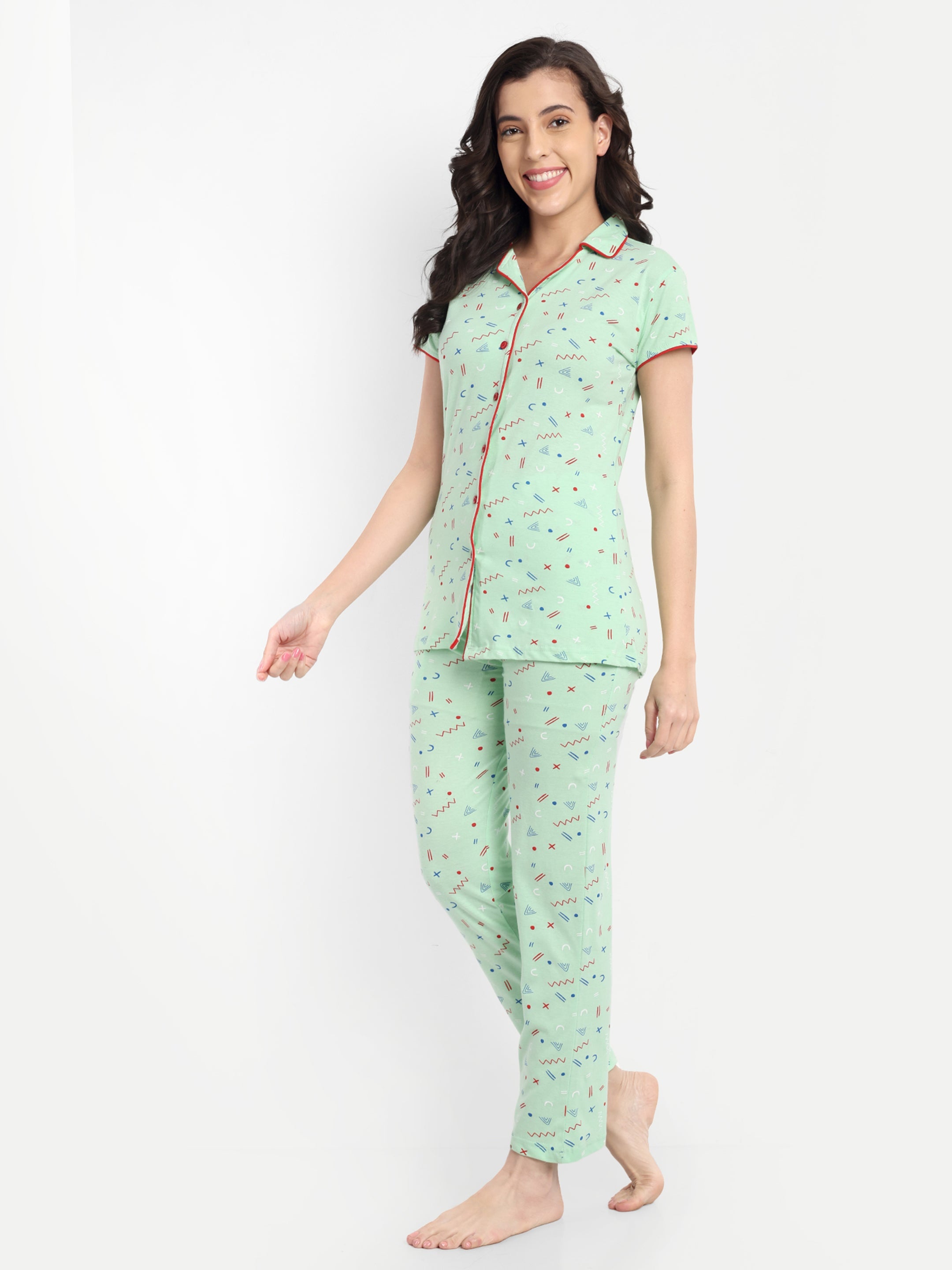 Women's Cotton Geometrical Printed Night Suit Set of Shirt & Pyjama (2242)