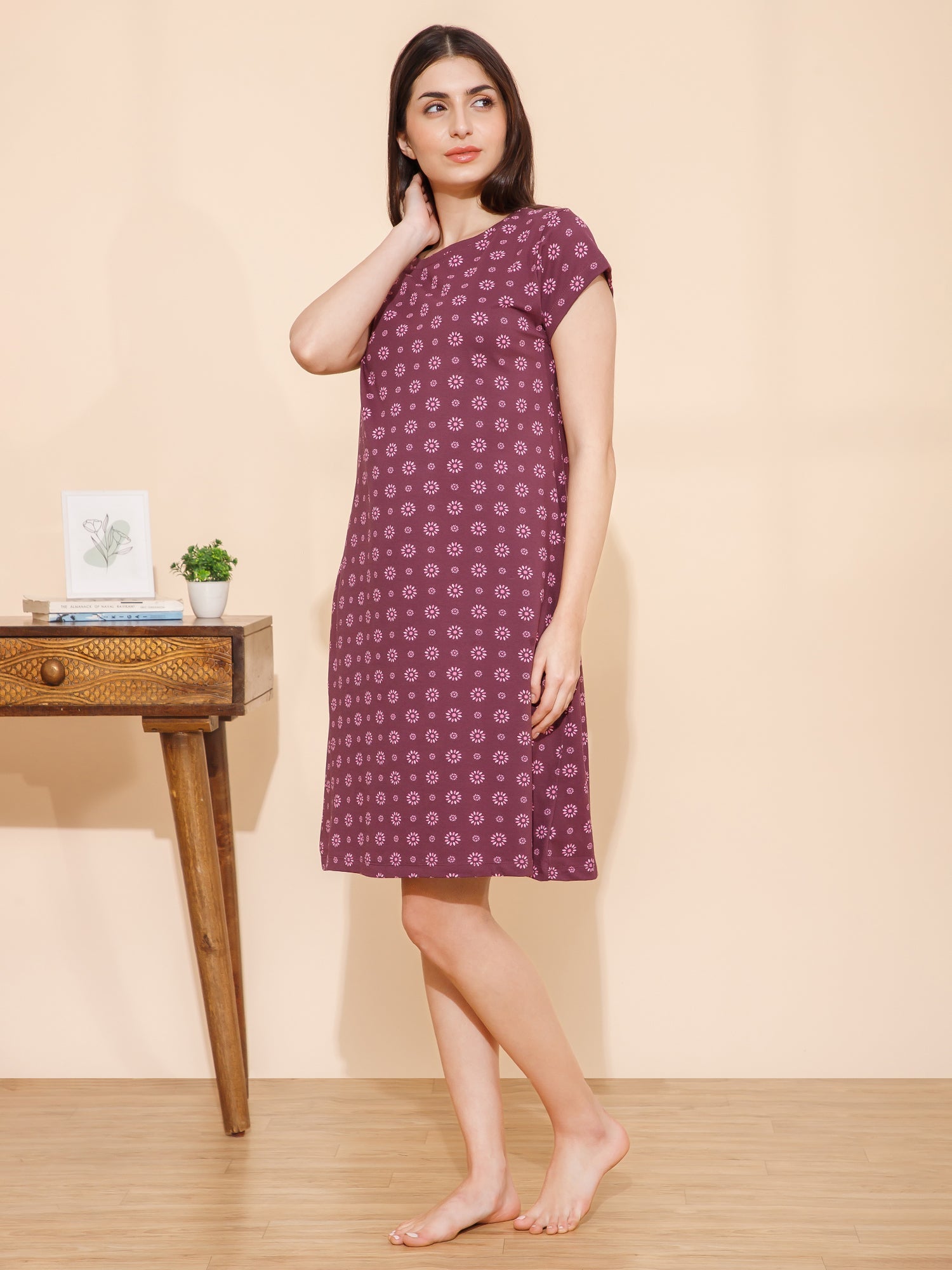 Cotton Flower Print Knee Length Night Dress (mm-3004-3)