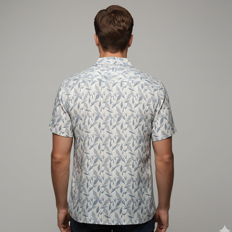 Slate Blue Leaf Printed Cuban Collar Half Sleeve Shirt For men
