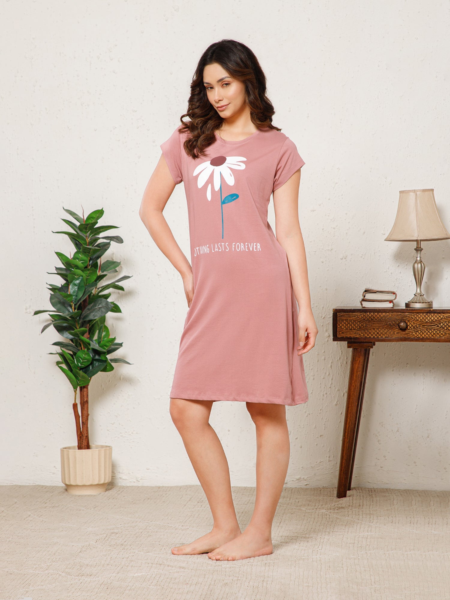 Cotton Chest Quote print Knee Length Night Dress (MM-3104-3)
