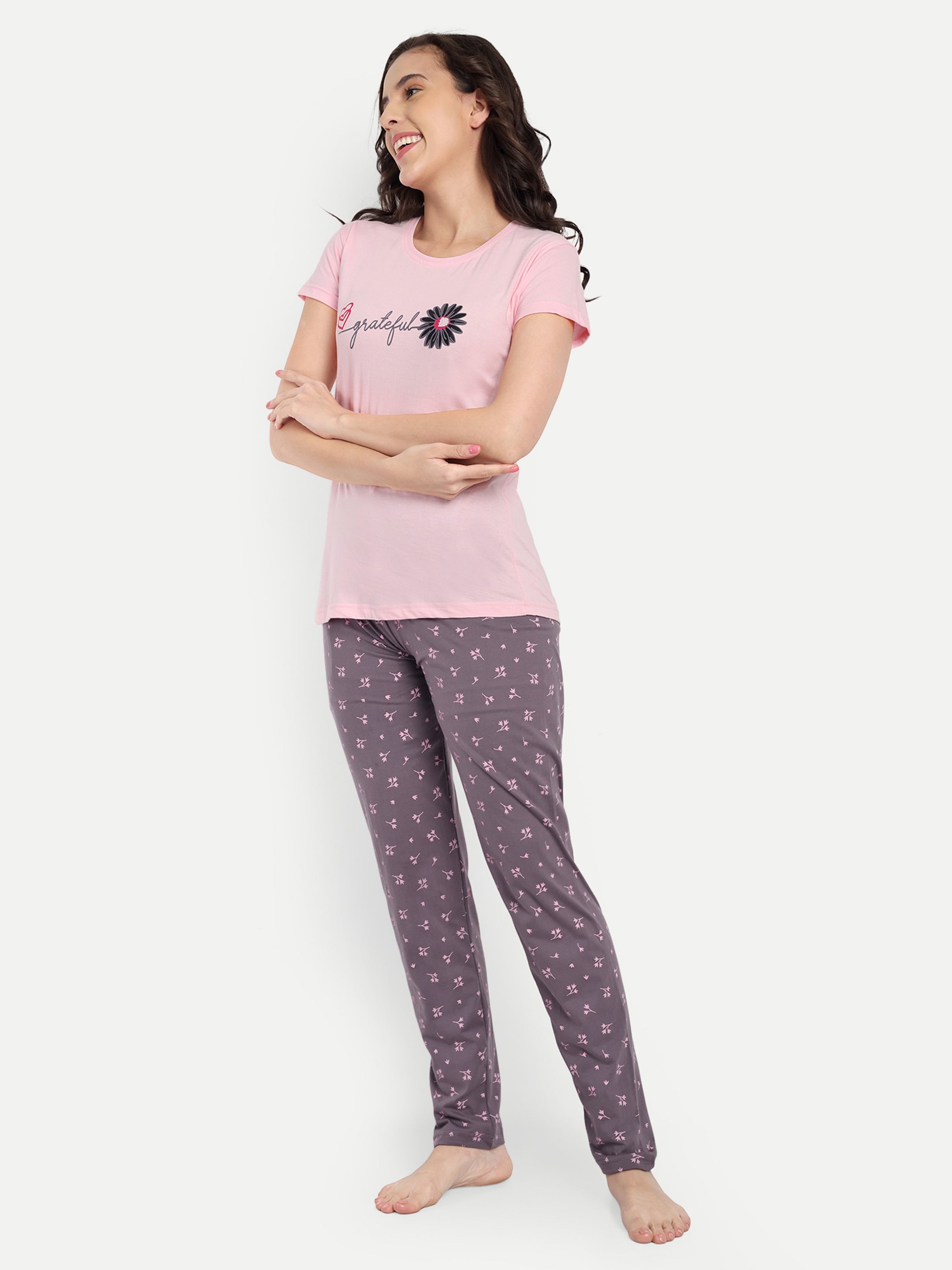 Women's Cotton Flower Printed Night Suit Set of T-shirt & Pyjama (15030b)