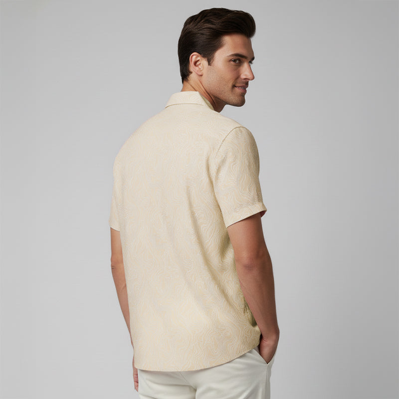 Cream Swirl Printed Cuban Collar Half Sleeve Shirt For men