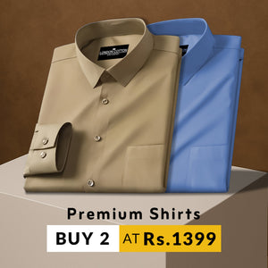 Two folded shirts, one beige and one blue, on a brown background with promotional text.