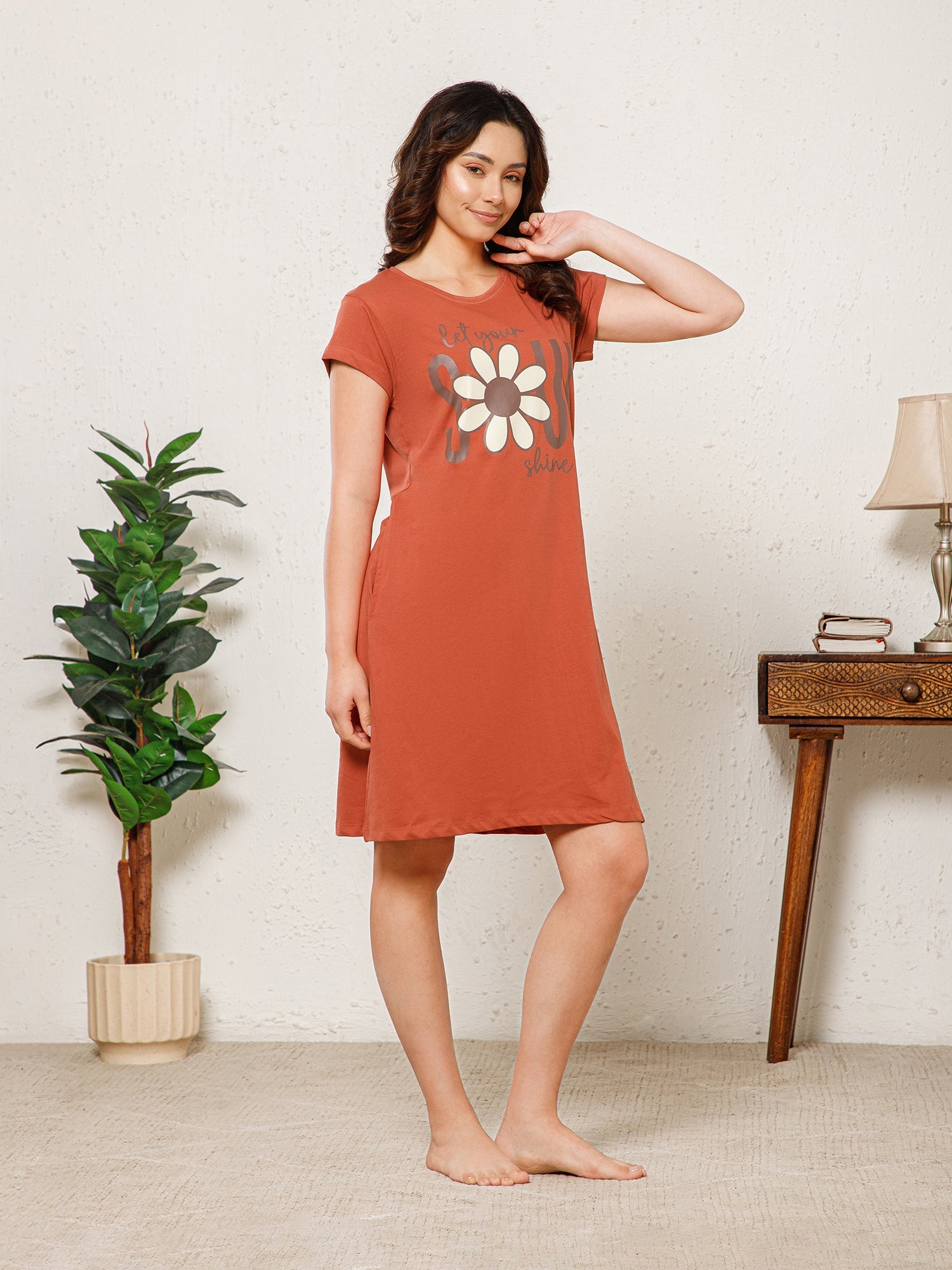 Cotton Chest Quote print Knee Length Night Dress (MM-3102-4)