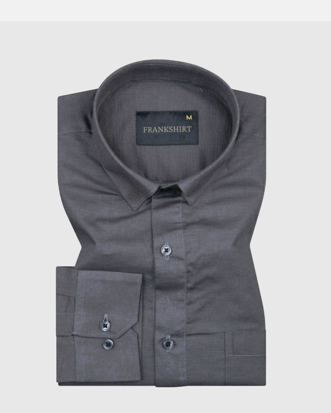 A dark grey, long-sleeved, button-down linen shirt by Frankshirt displayed against a white background.