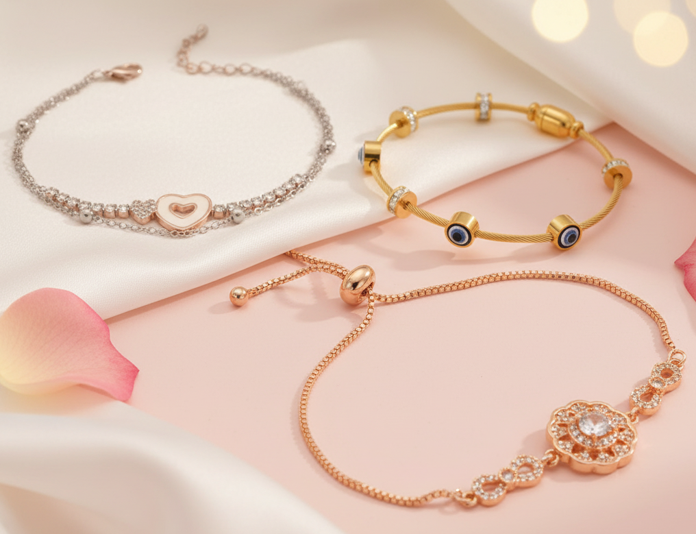Jazz And Sizzle Set Of 3 Zircon & Stone Studded Crystal Combo Bracelet for Women(gold & Rose gold Plated)