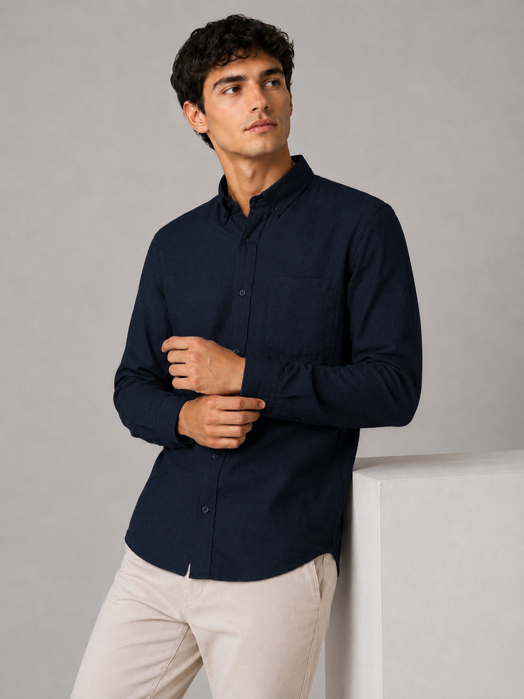 Navy Blue Linear Linen Shirt