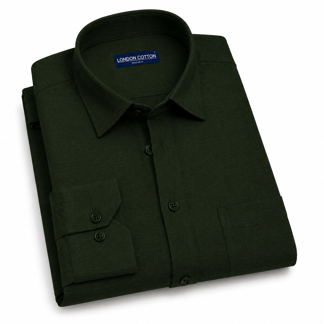 Bottle Green Textured Linen Shirt For Men