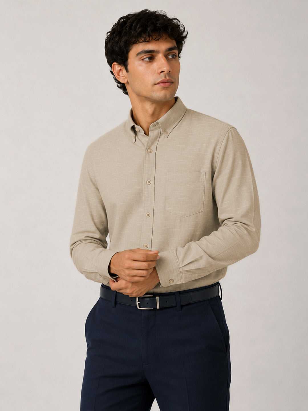 Beige Linear Linen Shirt