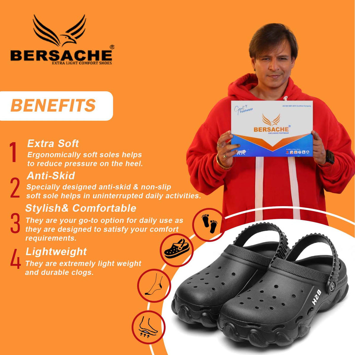 Bersache Extra Soft Classic Casual with Regular wear with Ultra Soft & Flexibility Technology Clog for Men's & Boy's Black 6087