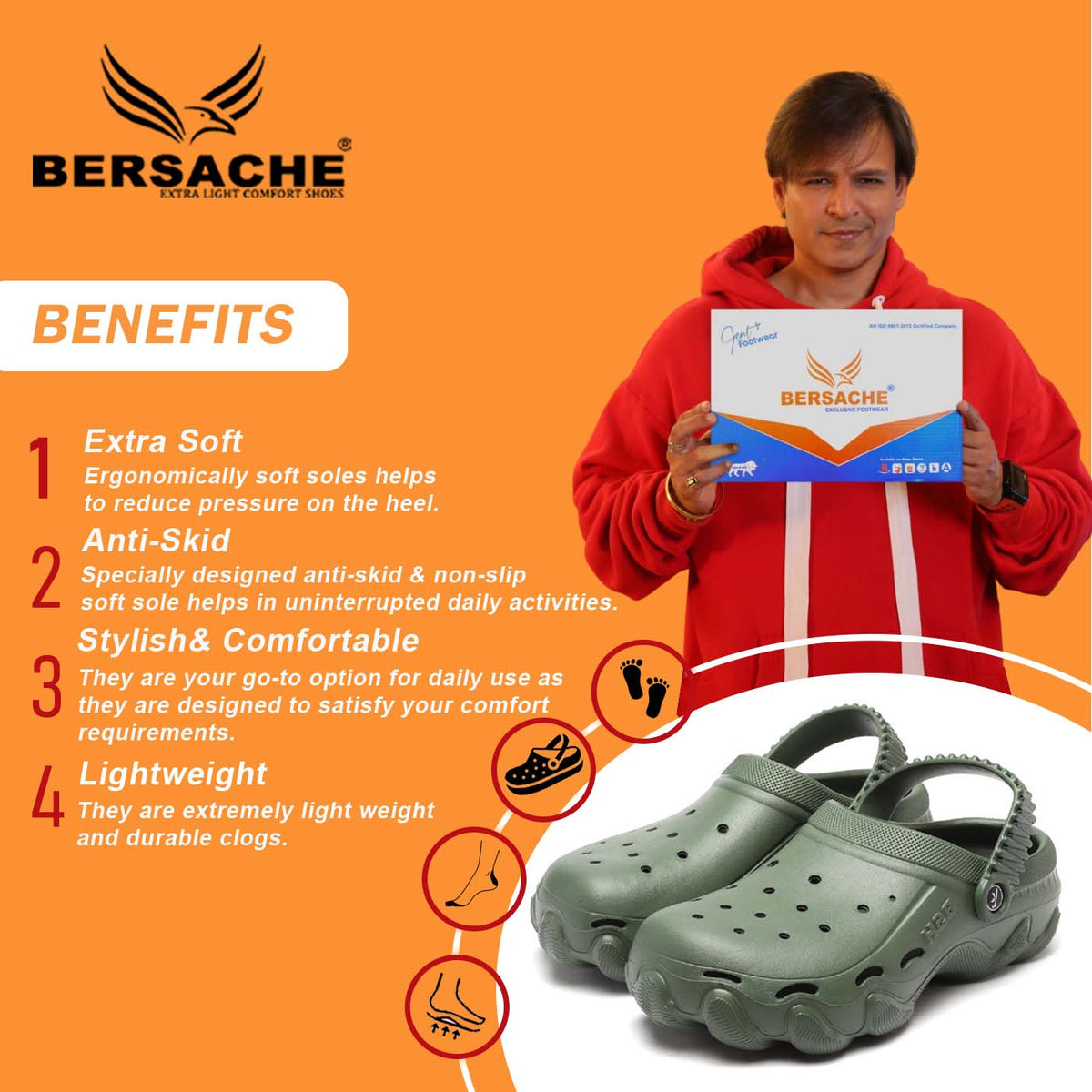 Bersache Extra Soft Classic Casual with Regular wear with Ultra Soft & Flexibility Technology Clog's for Men's & Boy's-Green-6088