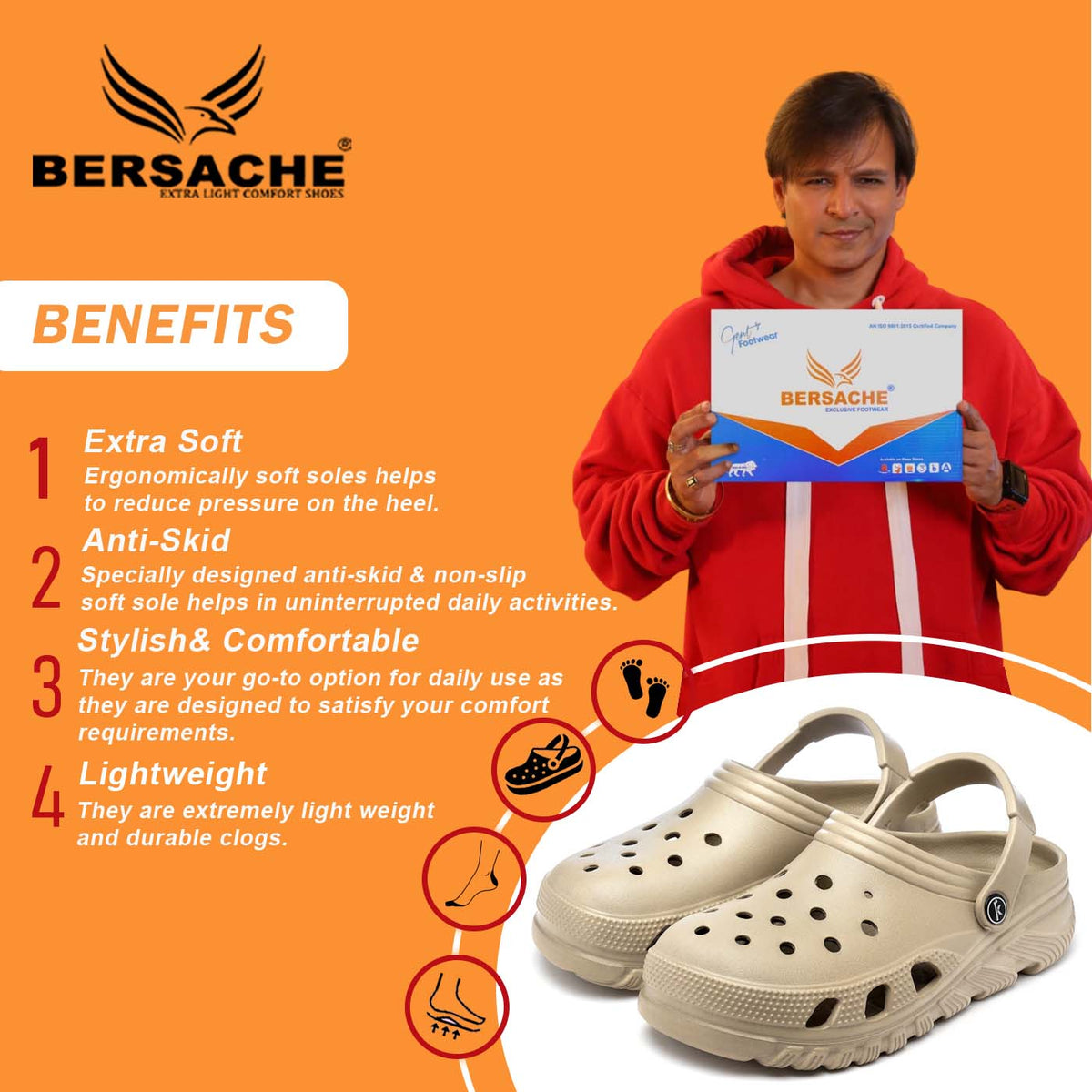 Bersache Extra Soft Classic Casual with Regular wear with Ultra Soft & Flexibility Technology Clog's for Men's & Boy's -Beige-6091