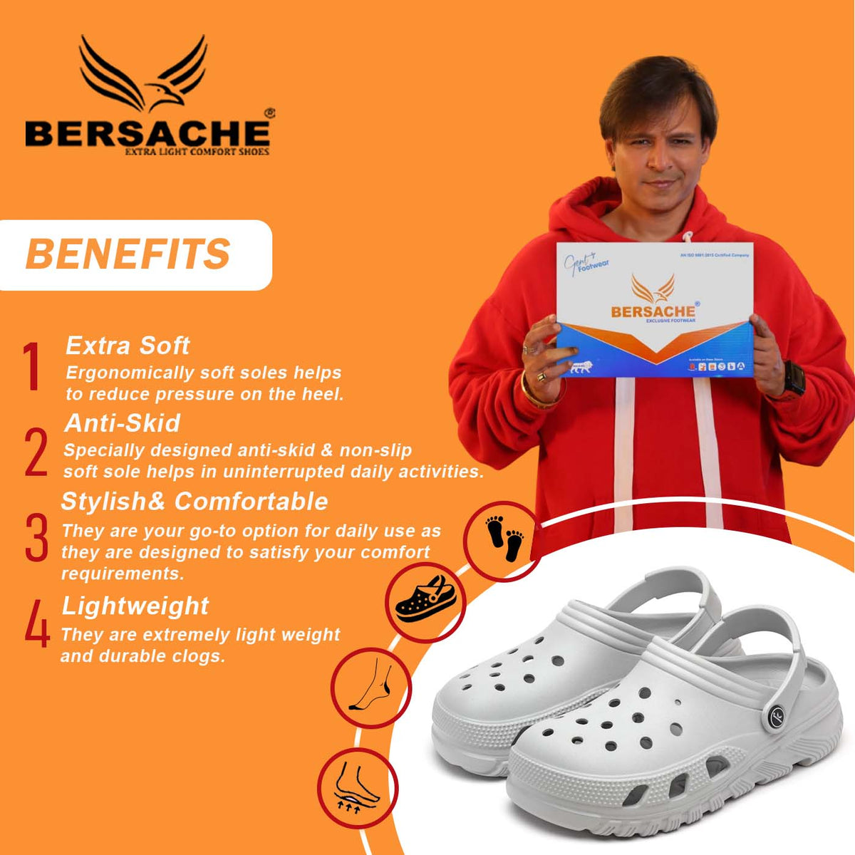 Bersache Extra Soft Classic Casual with Regular wear with Ultra Soft & Flexibility Technology Clog's for Men's & Boy's-Grey-6092