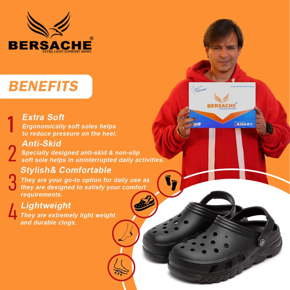 Bersache Extra Soft Classic Casual with Regular wear with Ultra Soft & Flexibility Technology Clog's for Men's & Boy's-Black-6094