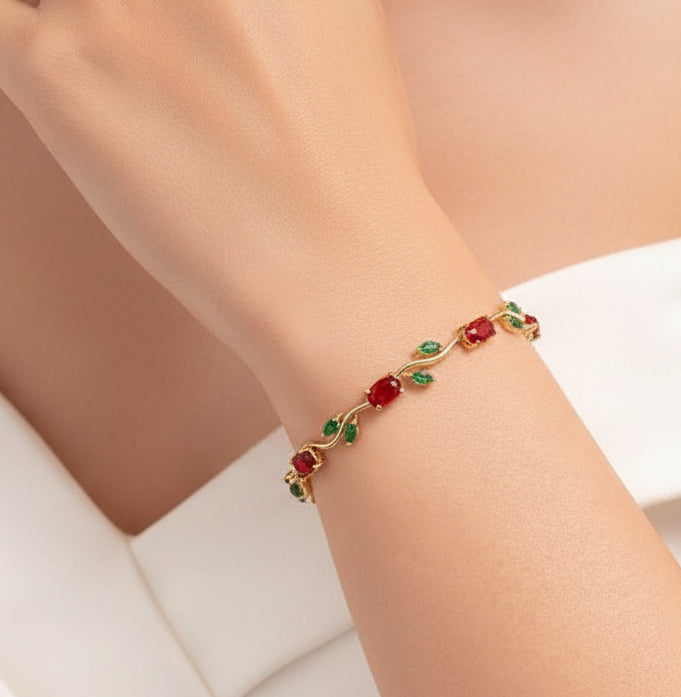 Jazz And Sizzle Tulip Bracelet with Oval Red and Marquise Green Stones, Floral Vine Style |Anti Tarnish