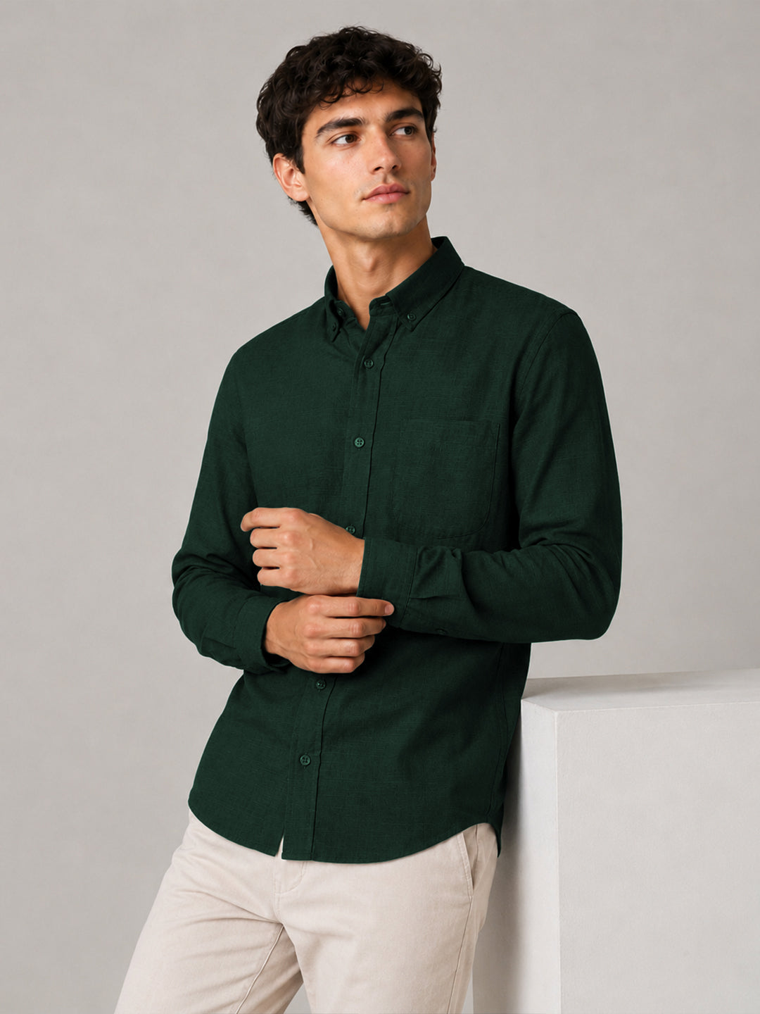 Bottle Green Linear Linen Shirt