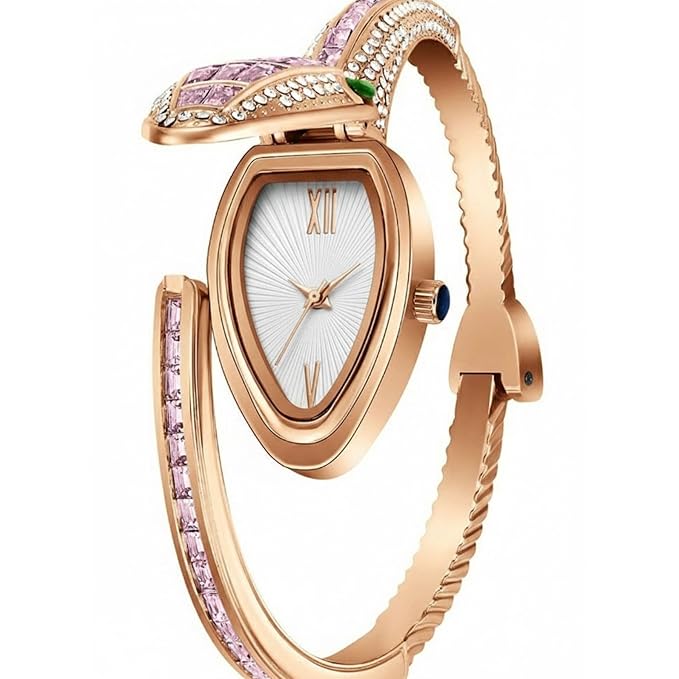 Rose Gold-Toned Crystal-Studded Cuff Bracelet Analog Watch for Women | Elegant Fashion Quartz Wrist Watch