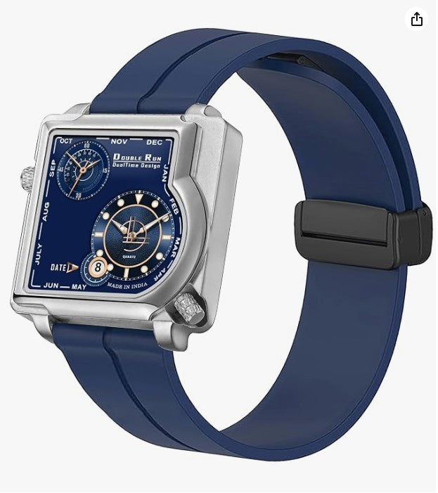 Elite Men's 3D Glass Date Display Analog Watch – Blue Silicone Strap