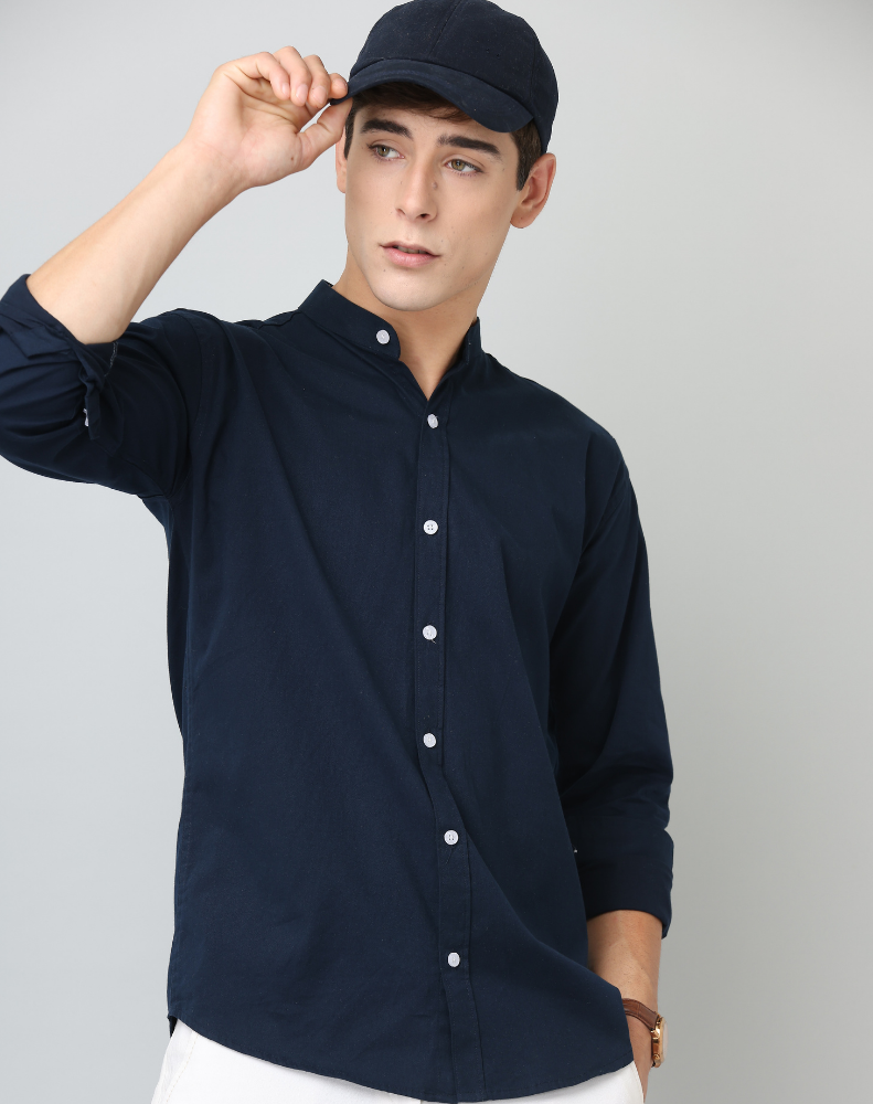 Chinese Collar Navy Blue Solid Tailored Fit Cotton Casual Shirt for Man