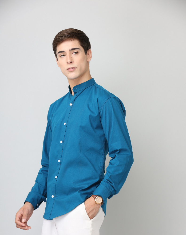 Chinese Collar Peacocke Blue Solid Tailored Fit Cotton Casual Shirt for Man