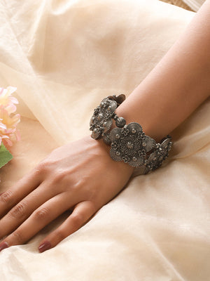 Women Silver-Toned Oxidised Bangle-Style Bracelet - Jazzandsizzle