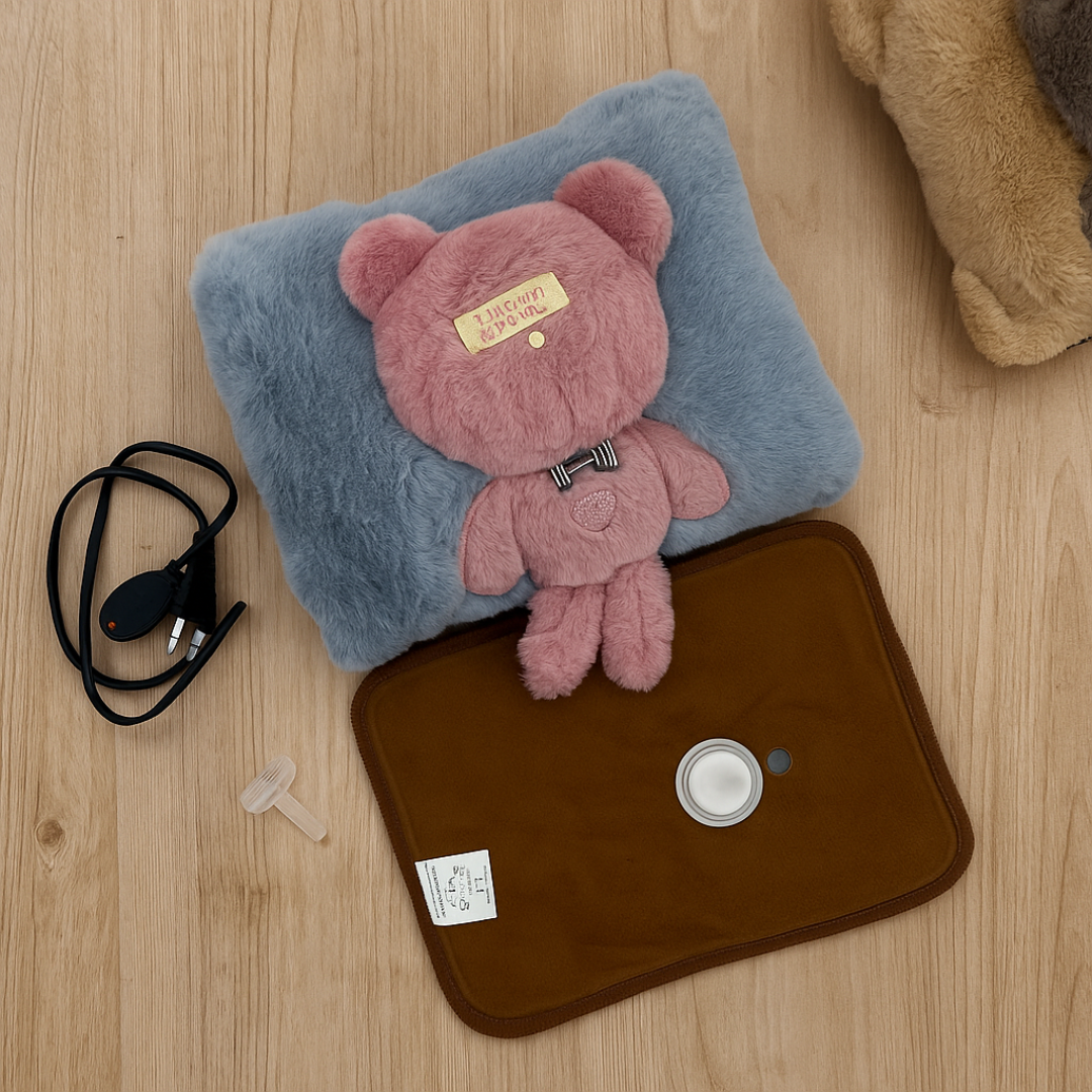 Blue Bear Electric Furr Hot Water Bag on a Wooden Surface - Tinyminymo