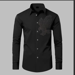Black dress shirt with eagle embroidery on a gray background