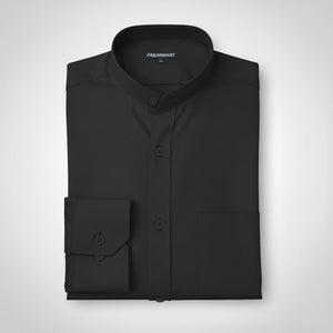 Folded black dress shirt with 'FRANKSHIRT' branding on a light gray background
